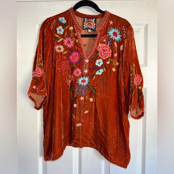 Johnny Was Tops - $340 JOHNNY WAS Ulla Persimmon Velvet Silk Floral Embroidered V-Neck Blouse L